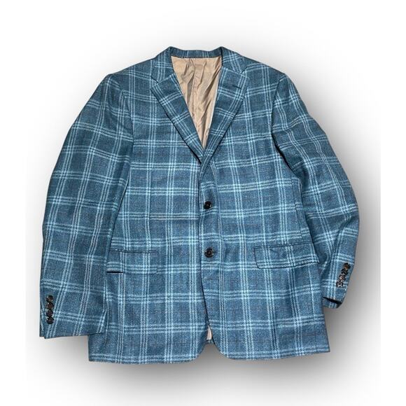 Hickey FREEMAN Blue Plaid Blazer Wool Silk Linen Size 42R Sports Coat Jacket - Picture 1 of 8